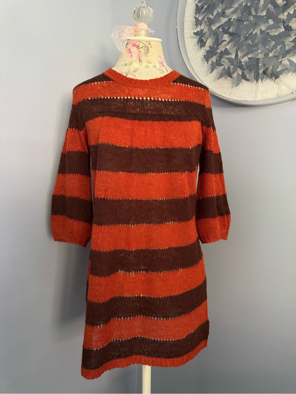 Vintage JJ Basics Striped Knit Sweater Tunic Dress in Orange and Brown